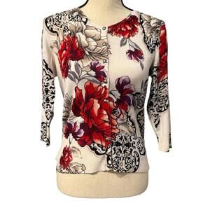 White House Black Market Red, Cream & Black 3/4 Sleeve Snap-Down Sweater Size S